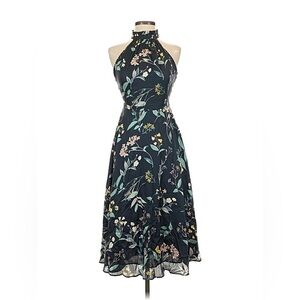 Banana Republic Dress Halter Floral Satin Midi Navy Blue High Neck Ruffle 0P